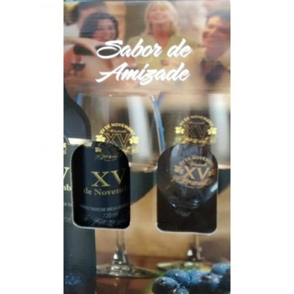 Kit Vinho Tinto Suave + 1 Taça + Embalagem p/ Presente - XV de Novembro
